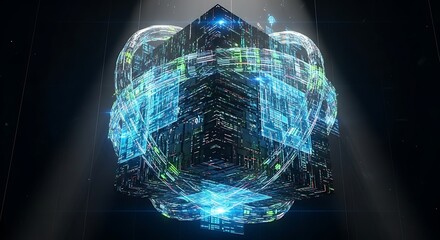 Abstract digital cube with glowing blue and green circuits and light beams