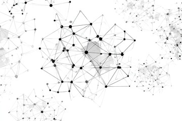 Abstract network graphic. Light gray lines and small dark circles form a complex interconnected structure on a white background