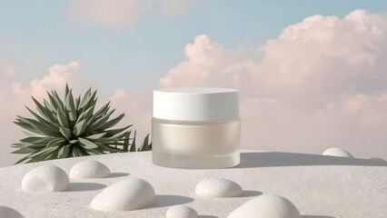 Minimalistic cosmetic jar on light background with green leaves and stones. Natural skin care and clean beauty style.