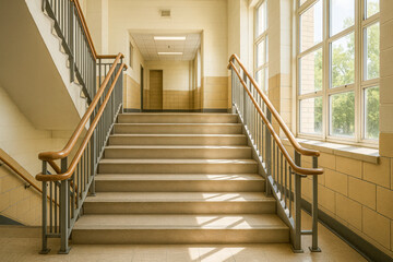 Wide staircase inside a school building with large windows letting in natural light. Represents academic institution interiors, student spaces, and learning environments.