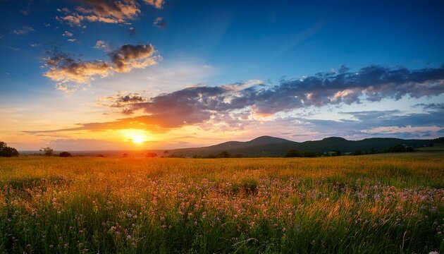 a sunset displays vibrant colors over a grassy field beneath blue sky