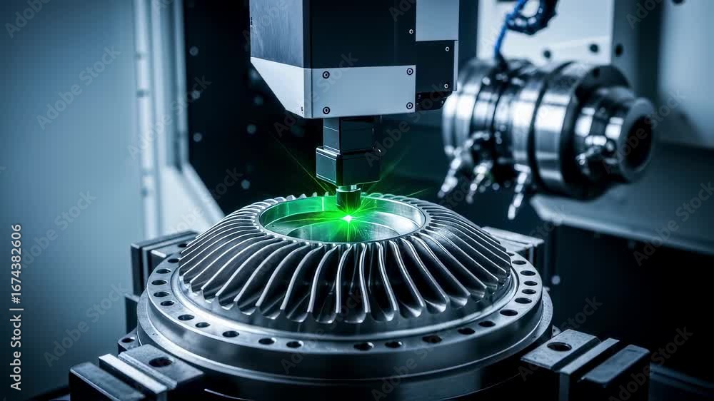 Poster laser measurement system inspecting the accuracy of a hydroelectric turbine part on a machining cent