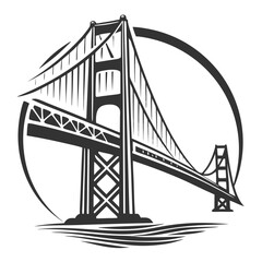 Iconic golden gate bridge silhouette with circular frame and stylized water elements