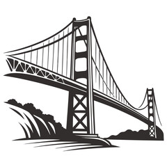 Iconic golden gate bridge silhouette in black and white against a clean white background