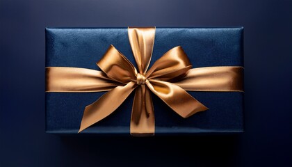 elegantly wrapped rectangular gift box in dark blue paper with a shiny gold ribbon tied in a large bow on top against a dark background