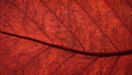Fototapeta premium vibrant red autumn leaf macro with detailed vein texture illuminated by light perfect for natural background or organic design