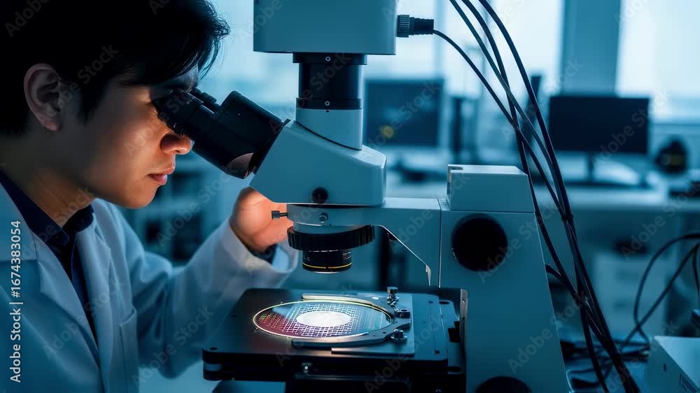Poster technician using optical microscope to examine textured patterns on photovoltaic wafers for defect a