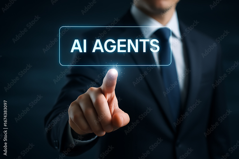 Poster businessman pointing to a floating glowing blue screen with the words ai agents, signifying future t