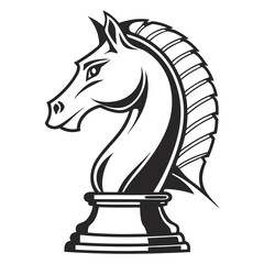 Stylized black and white illustration of a chess knight piece in profile view