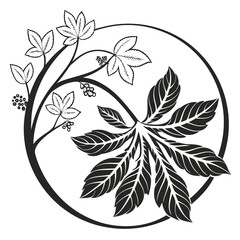 Stylized black and white illustration of a chestnut tree branch with leaves and berries inside a circular frame