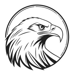 Stylized black and white illustration of a fierce eagle head emblem within a circular frame