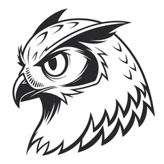 Stylized black and white illustration of a fierce owl head in profile with sharp details