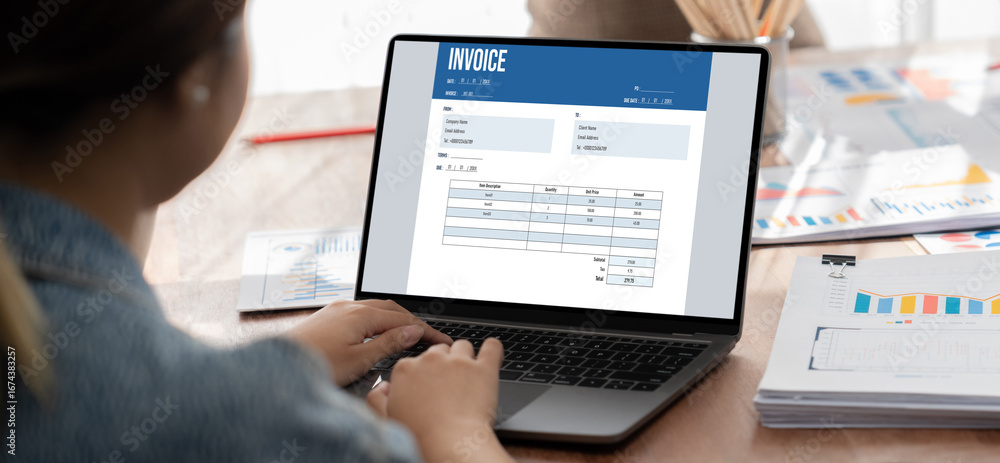 Aufkleber invoice on computer screen from accounting application. computer program for financial and budget of