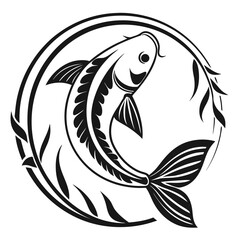 Stylized black and white koi fish swimming in a circular pattern with decorative elements