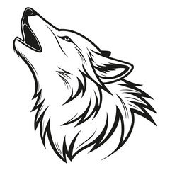 Stylized black and white line art illustration of a wolf howling with its head tilted upwards