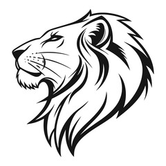 Stylized black and white lion head profile with flowing mane and sharp features