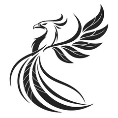 Stylized black silhouette of a phoenix bird with flowing feathers and tail on white background