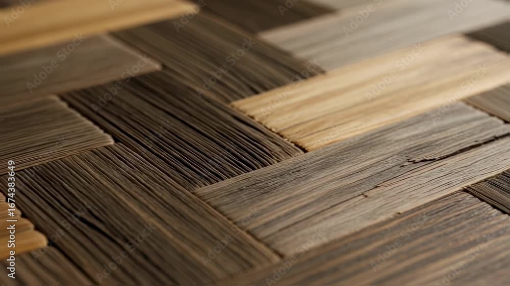 Poster macro image focusing on the joint detail between reclaimed wood planks in a herringbone layout showc