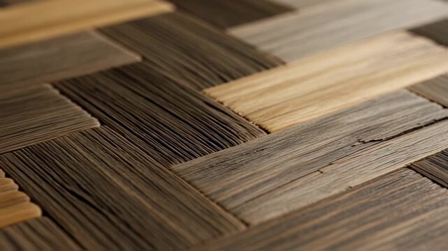 Macro image focusing on the joint detail between reclaimed wood planks in a herringbone layout showcasing precise craftsmanship.