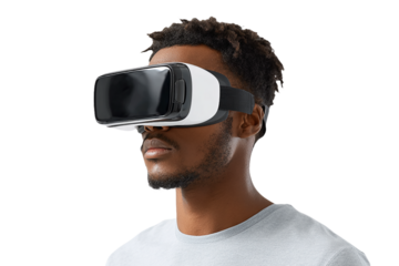 Black man in VR. Future tech shines, product shots, branding, posters.