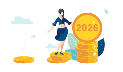 Business finance presentation for 2026. Business girl investor climbs on stacks of gold dollar coins. Achievements and development of financial market, freedom, people, design. Vector illustration
