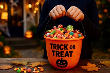 Close-up of a Halloween candy bucket overflowing with colorful sweets, held by a child outdoors at night with pumpkins and warm lights in the background.