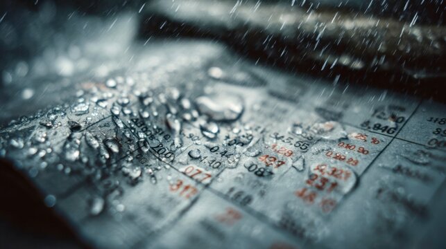 Close-up of a financial table soaked by rain, water droplets scattered across numbers and percentages, evoking market stress and weather risk. - Powered by Adobe