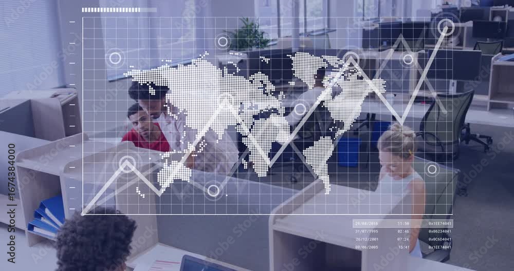 Poster woman leaning and pointing towards laptop screen as animated technology map data graph expanding