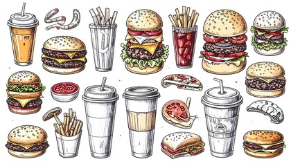 Hand-drawn collection of various fast food items