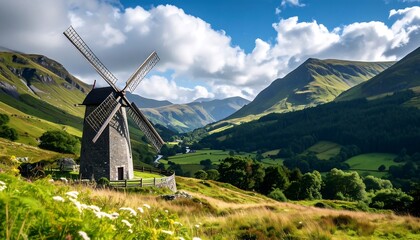 Scenic landscape with a historic windmill, surrounded by green hills and a bright blue sky