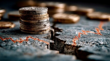 Stacked coins on a cracked surface with a jagged red chart line, symbolizing market stress, inflation, and financial risk.