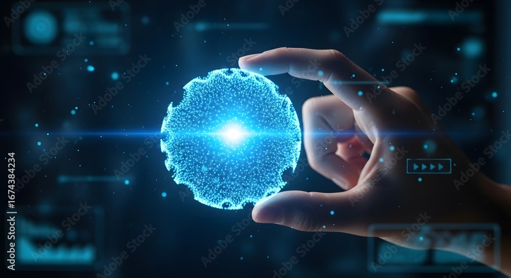 Poster digital innovation and futuristic technology. artificial intelligence and big data analysis. hand ho