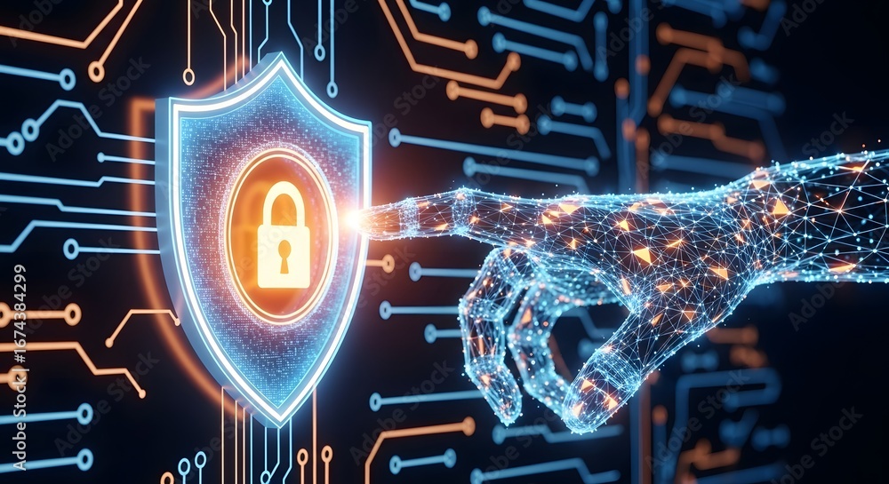 Poster cybersecurity and digital protection concept. futuristic lock symbol on shield interface. holographi