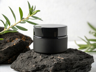 Minimalist Black Cosmetic Jar with Green Plant on Volcanic Rock