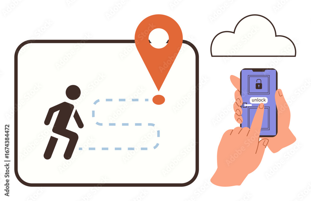 Poster hand tapping phone to unlock app with map icon, human figure on path, location pin, cloud for connec