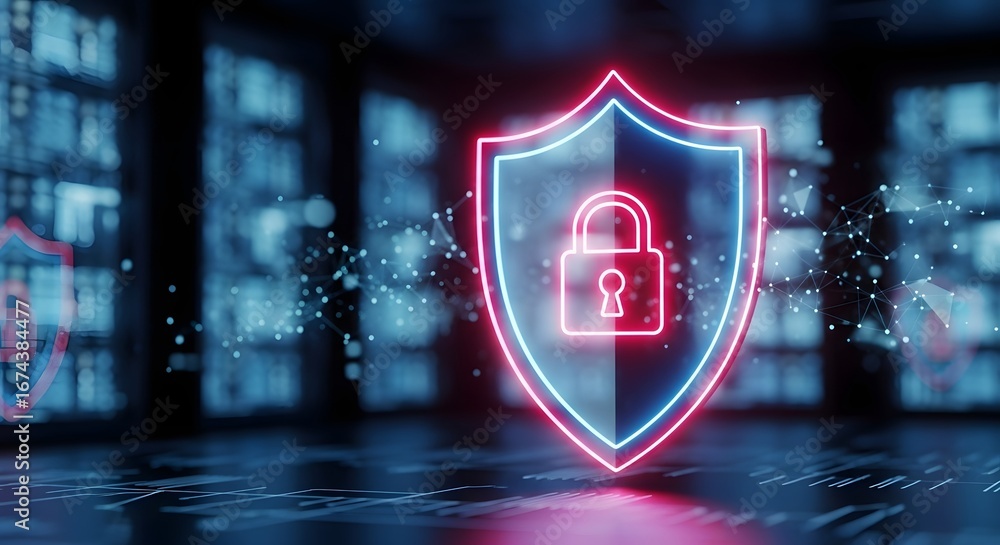 Poster cybersecurity shield and digital lock icon. futuristic data protection system. glowing red and blue 