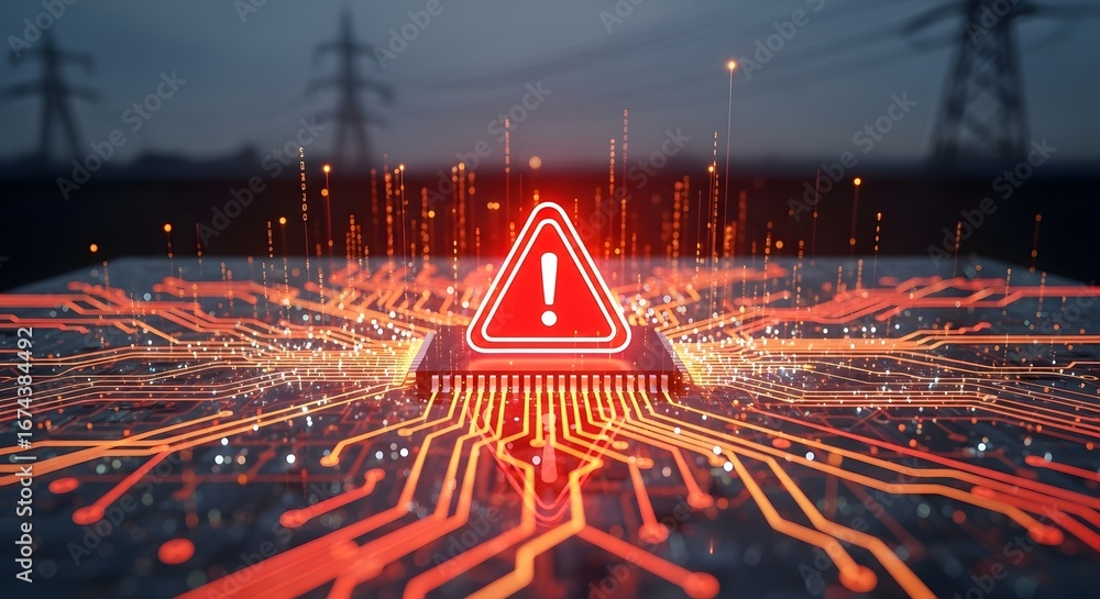 Poster cybersecurity alert and data breach warning. futuristic danger symbol on circuit board. glowing red 