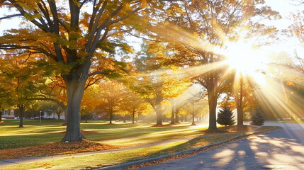 Autumn sunrise suburban neighborhood street groomed grass yards sunbeams soft morning light golden hour rays filtering through fall foliage trees serene cinematic copy space wealth security prosperity
