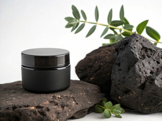Minimalist Black Cosmetic Jar with Green Plant on Volcanic Rock