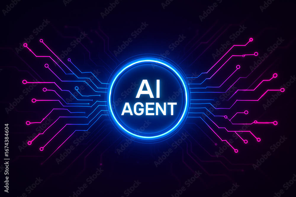 Poster ai agent concept represented by a glowing blue circle with text and connected by futuristic pink and