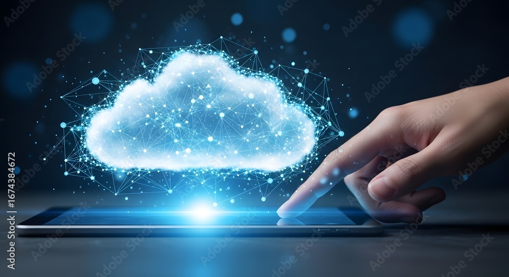 Poster cloud computing and futuristic technology. glowing digital cloud network hologram. hand touching vir