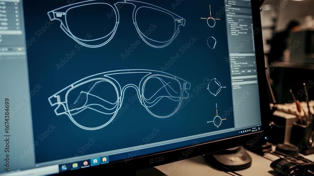 Aufkleber computer screen displaying cad models of freeform ophthalmic lenses alongside the physical surfacing