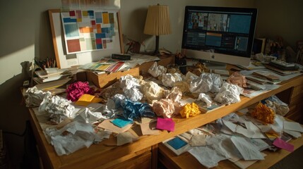 Designer?s Disordered Workspace Filled with Blank Sheets and Color Swatches Evoking Creativity and Unleashing New Ideas
