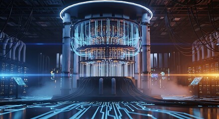 Futuristic quantum computer with glowing blue and orange lights and smoke