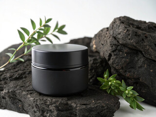 Minimalist Black Cosmetic Jar with Green Plant on Volcanic Rock
