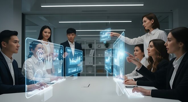Business meeting with holographic displays showing financial data and charts