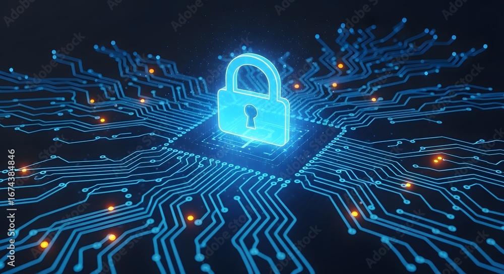 Poster cybersecurity and secure network system. futuristic glowing lock icon on circuit board. data protect