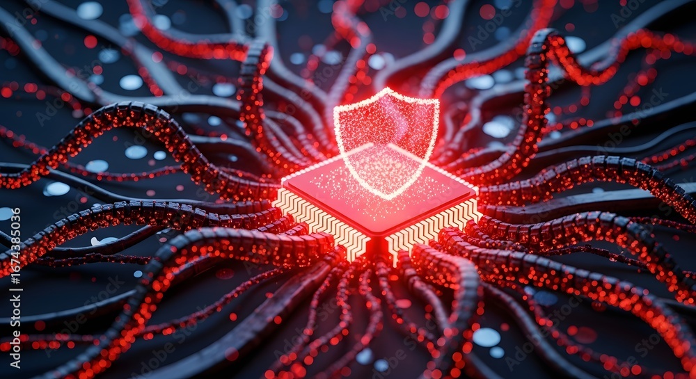 Poster cybersecurity defense and chip protection. futuristic glowing red shield above processor. technology