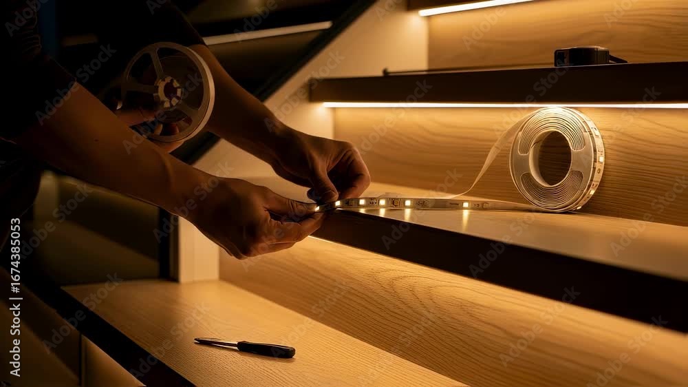 Poster installing dimmable led stairriser strips for customizable brightness balancing functional lighting 