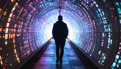 Person walking through digital data tunnel